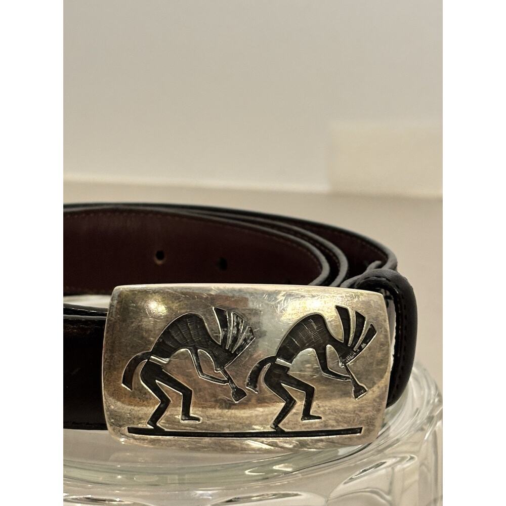 Vintage Bernard Dawahoya Hopi Sterling 2 Kokopelli Belt Buckle w/Black Belt